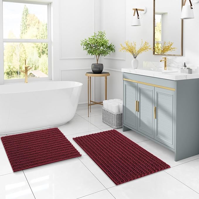 Arotive Luxury Chenille Bathroom Rug Mat, Extra Soft Thick Absorbent Shaggy Bath Rugs, Non-Slip Machine Wash Dry, Plush Bath Mats for Bathroom, Shower and Tub, 36x24, Burgundy