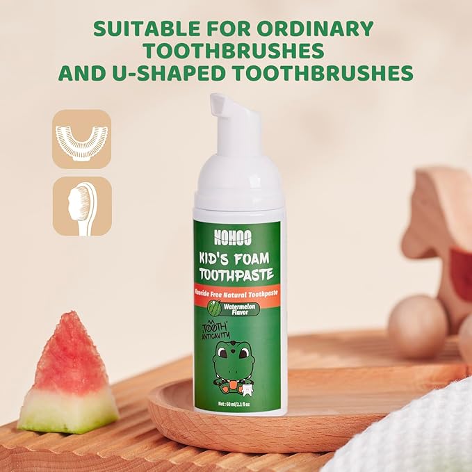 NOHOO Fluoride Free Foam Toothpaste Kids Watermelon,Natural Training Toothpaste for Baby Toddler Children Oral Cleaning and Cavity Protection(2 Pack)