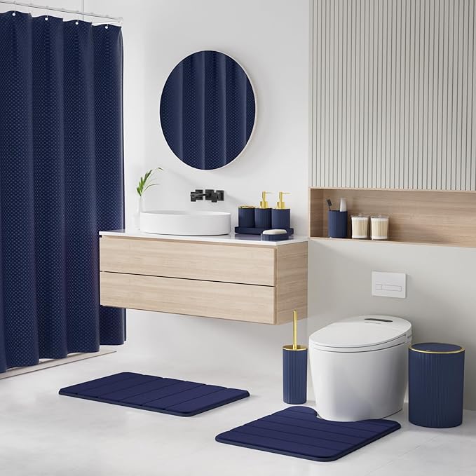 Navy Blue Bathroom Accessories Set - Bathroom Sets, 25PC Bath Accessory Set, Bathroom Sets with Push Top Trash Can, Shower Curtain and Rugs, Toilet Brush, Trash Can & Soap Dispenser