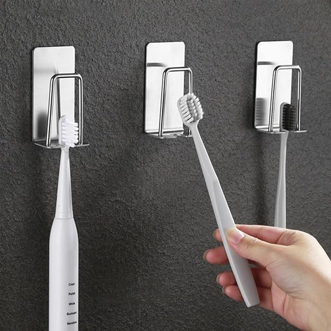 Gatuida Stainless Steel Toothbrush Holders Wall Mounted 2pcs Adhesive Electric Toothbrush Rack for Bathroom Cup Organizer