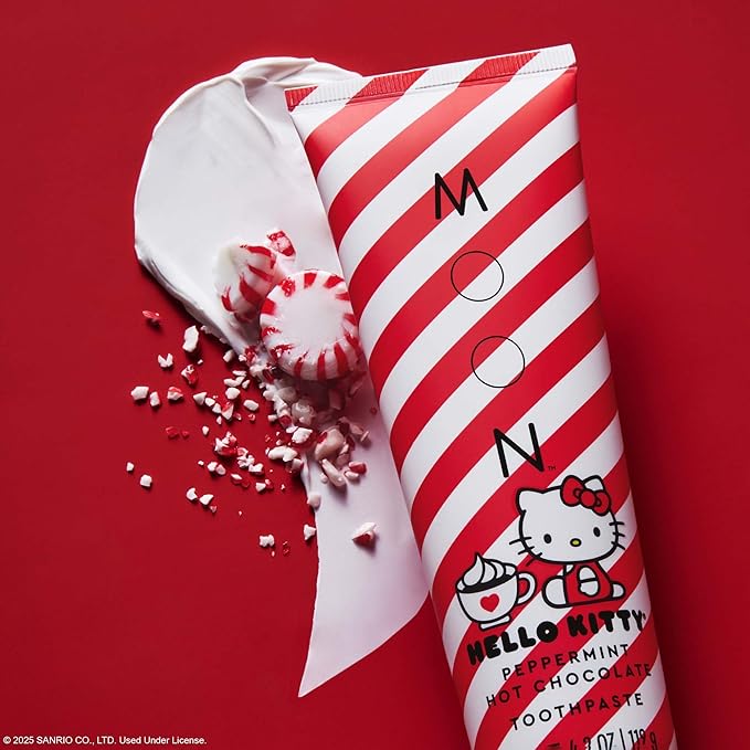 MOON x Hello Kitty Toothpaste, Peppermint Hot Chocolate Flavor, 4.2 Oz, No Fluoride or Sugar, Plus 2 Pack Extra Soft Bristle Toothbrushes, Gentle on Gums & Teeth for Adults & Children 2 Years+