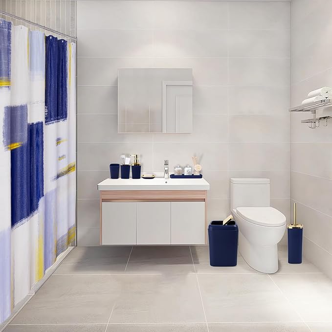Blue and Gold Bathroom Accessories Set, Bathroom Sets with Shower Curtain, Blue Bathroom Accessories with Trash Can, Soap Dispenser, Soap Dish, Toilet Brush Holder, Qtip Holders for Bathroom