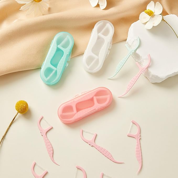 Pink Mint Dental Floss Picks, 2 Portable Travel Cases (10 Picks) + 65 Refills, Double-Line Flossers for Tight Teeth, Fresh Breath, Plaque Removal, BPA-Free, On-The-Go Oral Care