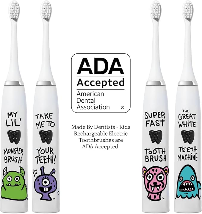 Made by Dentists Kids Electric Toothbrush - Rechargeable Vibrating Toothbrush with Timer, Includes 6 Replacement Heads, Halloween Gifts for Kids, Girls and Boys, Kid & Toddlers Age 2+, Alien