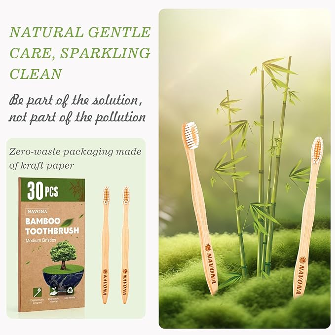 Navona 30 PCS Bamboo Toothbrushes Pack, BPA Free Medium Soft Bristles Toothbrushes for Adults, Eco-Friendly Natural Wooden Toothbrush Bulk, Box of Two Reusable Travel Toothbrush