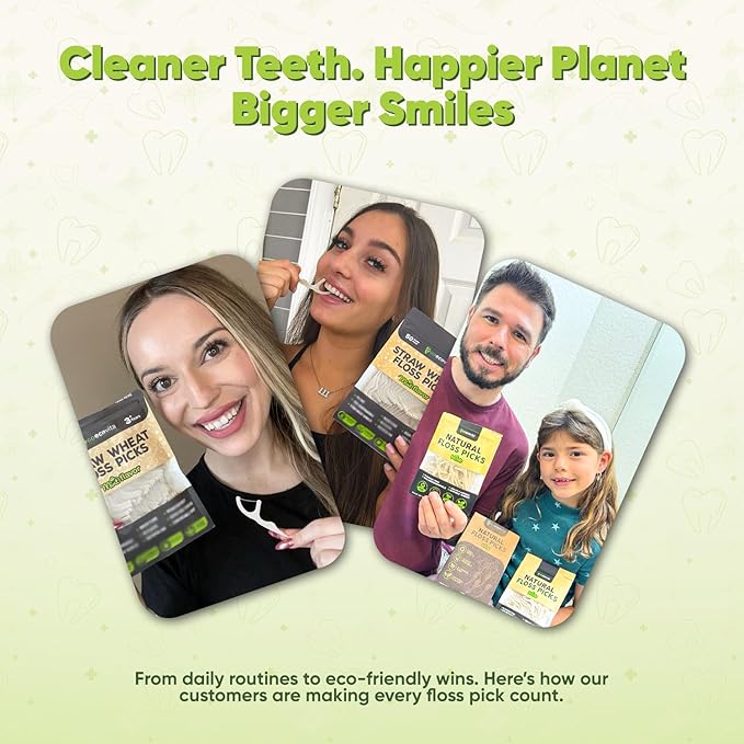 Biodegradable Floss Picks - Natural Straw Wheat Handle | Thin & Durable Thread for Tight Gaps! | Dental Flossers for Adults | Gentle on Gums & Teeth | Eco Friendly, Vegan, Natural (200 Pack, Mint)