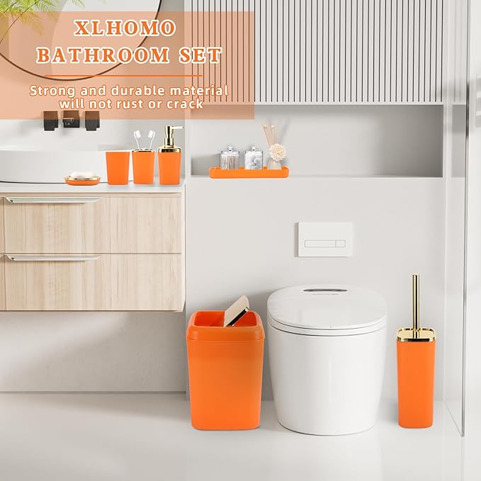Bathroom Set - Orange and Gold Bathroom Accessories, Bathroom Sets with Shower Curtain and Rugs, Orange Shower Curtain Set with Bathroom Trash Can, Soap Dispenser, Soap Dish for Home Decor
