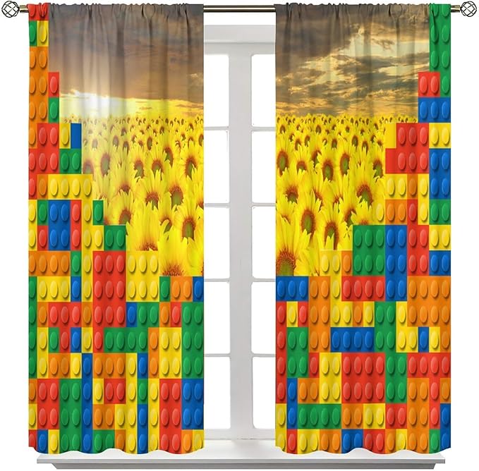 Colorful Building Blocks Sunflower Flower 3D Toy Printed Curtains, Building Blocks, Floral Sunflower Curtains, Interesting Brick 3D Design, Boys and Girls Room Curtain Panels, 2 Panels 63x63in