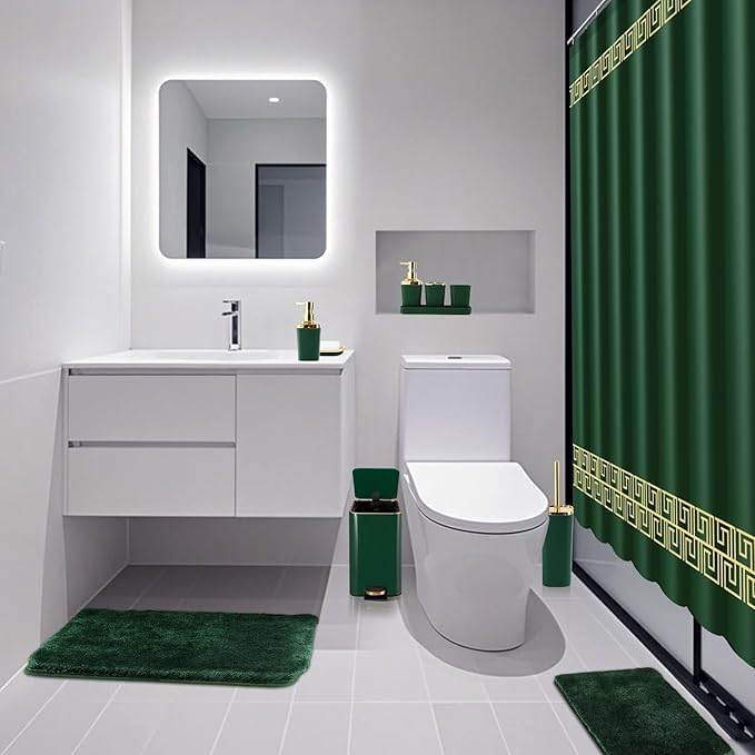 Bathroom Sets with Shower Curtain and Rugs Bathroom Accessories Set Hunter Green Bathroom Set,Soap Dispenser & Toilet Brush Holder Set with Stainless Steel Trash Can