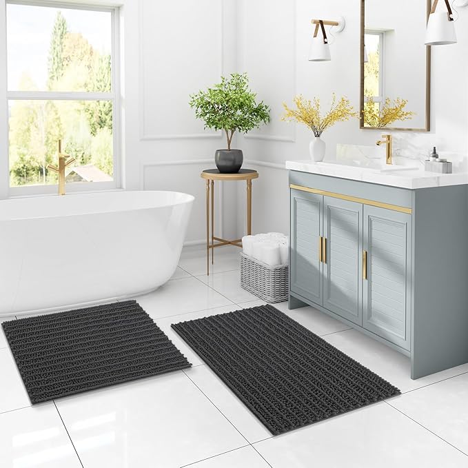 Arotive Luxury Chenille Bathroom Rug Mat, Extra Soft Thick Absorbent Shaggy Bath Rugs, Non-Slip Machine Wash Dry, Plush Bath Mats for Bathroom, Shower and Tub, 59x35, Dark Grey