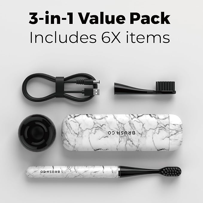 MIPOW Brush GO SlimPro i4 Electric Toothbrush Rechargeable Smart Ultra Sonic 3 Modes, Travel Case & Ceramic Dock, 60Day Battery Soft Bristles 2 Heads IPX7 Waterproof, Color-Carrara Edition