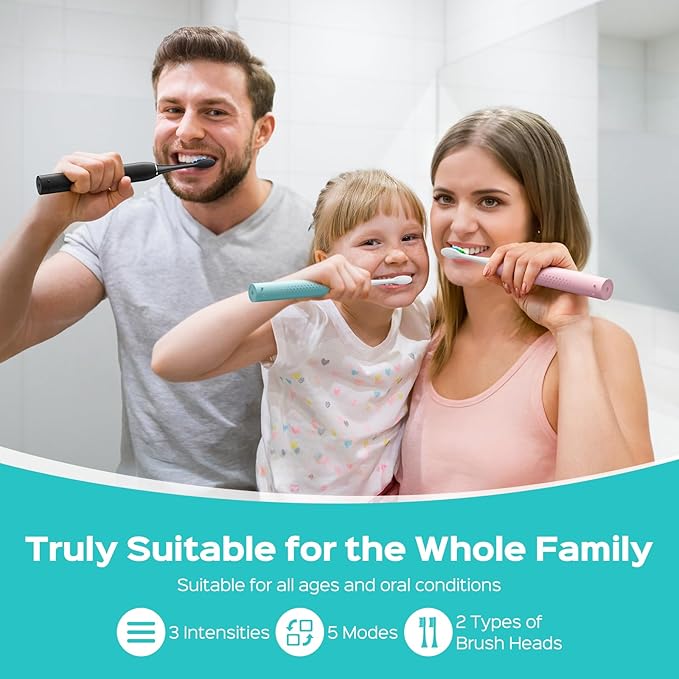 COSLUS Sonic Electric Toothbrush for Adults & Kids: 3 Intensities & 5 Modes Gum-Friendly for Deep Cleaning & Whitening - 2 Types of Heads for Family, Sensitive Teeth, Braces, Travel Home, White, 1PC