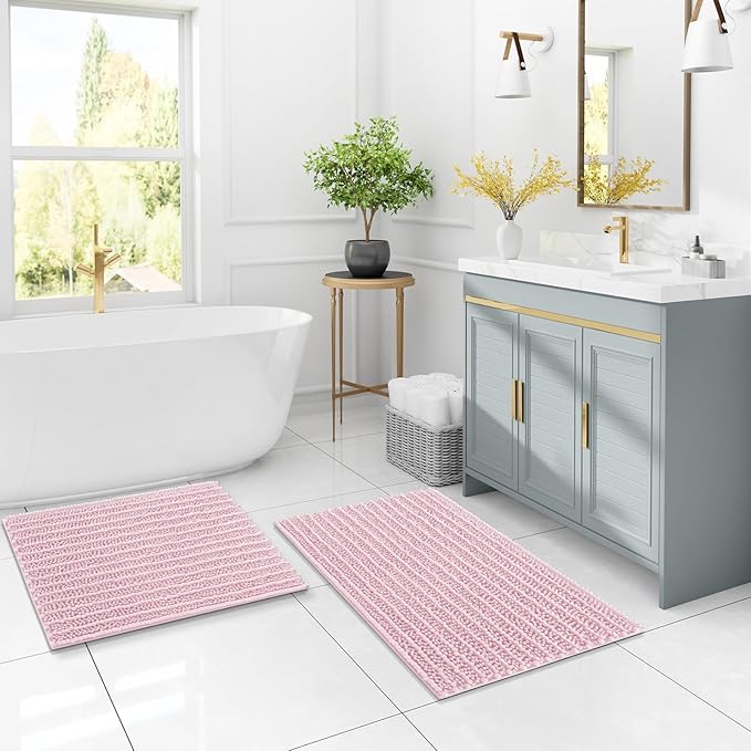 Arotive Luxury Chenille Bathroom Rug Mat, Extra Soft Thick Absorbent Shaggy Bath Rugs, Non-Slip Machine Wash Dry, Plush Bath Mats for Bathroom, Shower and Tub, 44x24, Pink