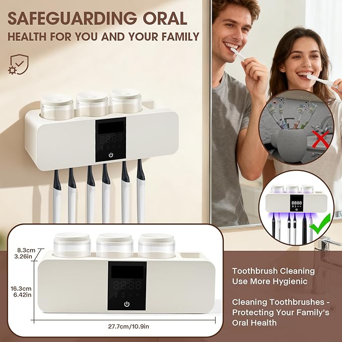 3 in 1 Toothbrush Cleaner Holders for Bathrooms,Wall Mounted Toothbrush Holders with Drying and Cleaning,Smart LED Screen,6 Toothbrush Slots,3 Cups and Toothpaste Dispenser (White)