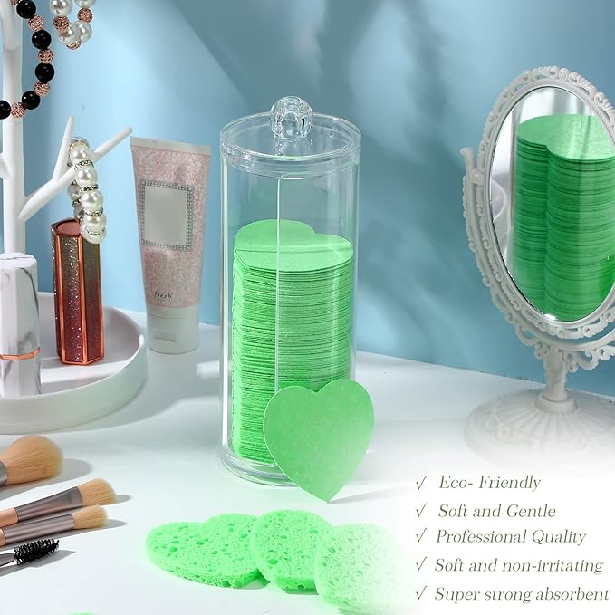 Sieral 120 Pcs Compressed Facial Sponges with Container Disposable Face Sponge Pads for Washing Face Cleansing Exfoliating Esthetician Makeup Removal(Heart,Green)