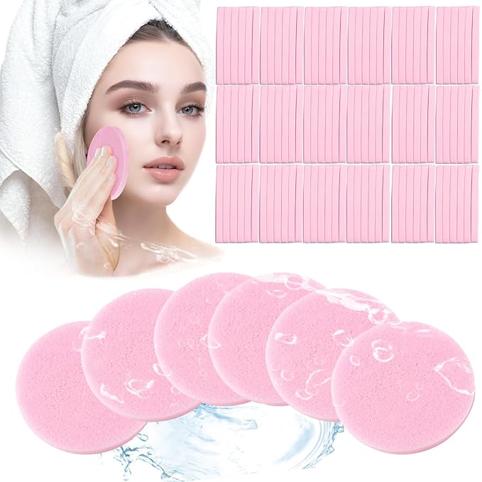 Compressed Facial Sponge,Reusable Makeup Blender 60 Count,Soft Round Wash Sponges for Estheticians Makeup Removal,Face Cleansing Exfoliating Compress Spa Pads for Women,Pink