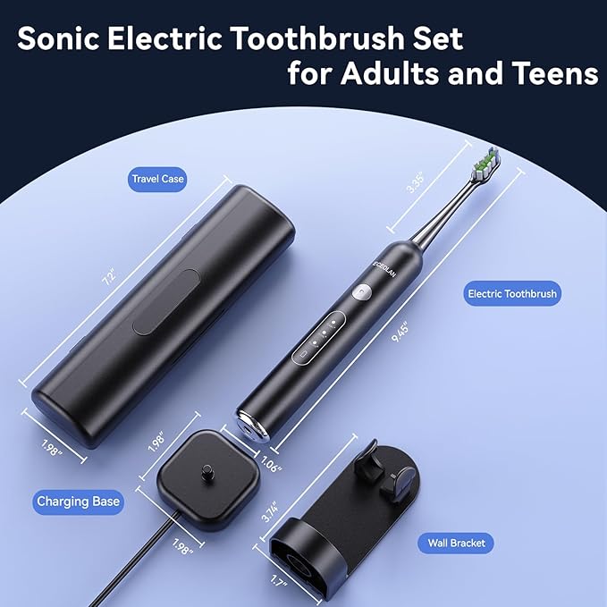 Sonic Electric Power Toothbrush for Adults & Kids,3 Deep Clean Modes IPX7 40000VPM Rechargeable Toothbrush with 8 Brush Heads, Travel Case, 2-Min Smart Timer, One Charge Last 60 Days (Black)