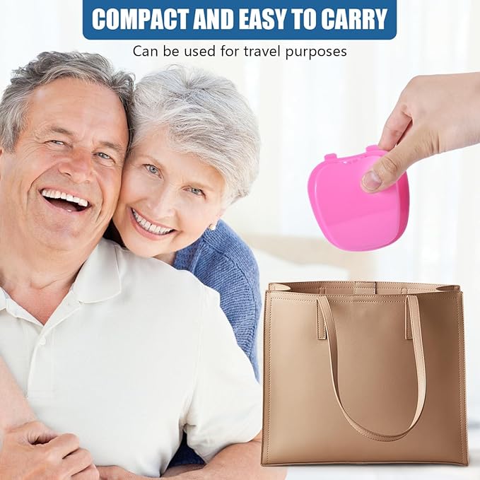 2 Pack Denture Bath Case Cup Box Holder Storage Container with Denture Cleaner Brush Strainer Basket for Travel Cleaning (White and Pink)