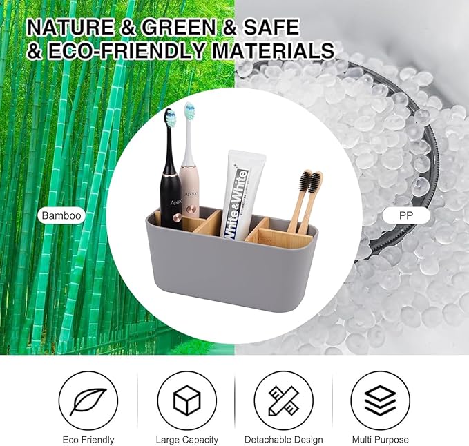 Toothbrush Holders for Bathrooms, Bamboo Tooth Brush Holder with 5 Slots Bathroom Vanity Organizer Countertop for Electric Toothbrushes, Toothpaste, Razors - Gray