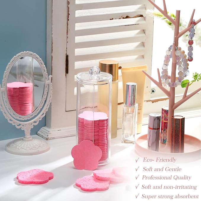 Sieral 120 Pcs Compressed Facial Sponges with Container Disposable Face Sponge Pads for Washing Face Cleansing Exfoliating Esthetician Makeup Removal(Flower,Pink)