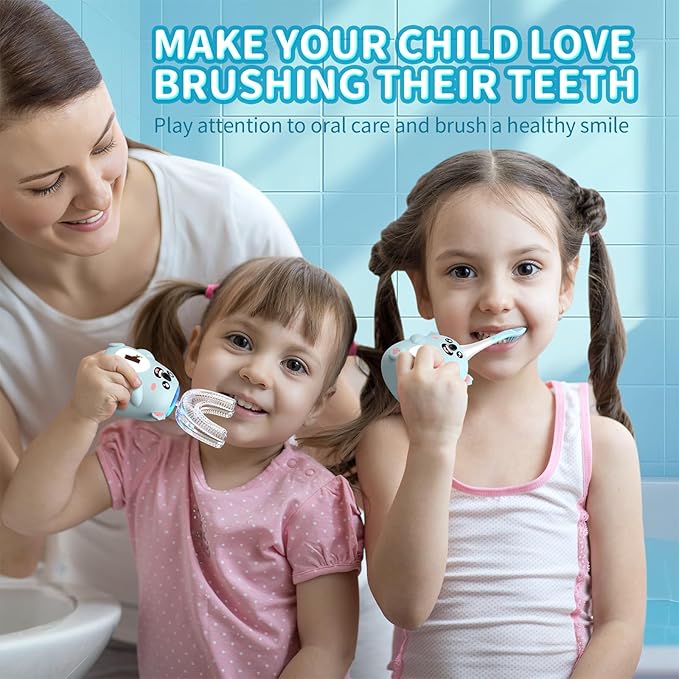 Kids U Shaped Electric Toothbrush, Automatic 360° Sonic Cleaning, 6 Modes, 4 Brush Heads, Cute Cartoon Koala Design (6-12 Age (Grey Blue))