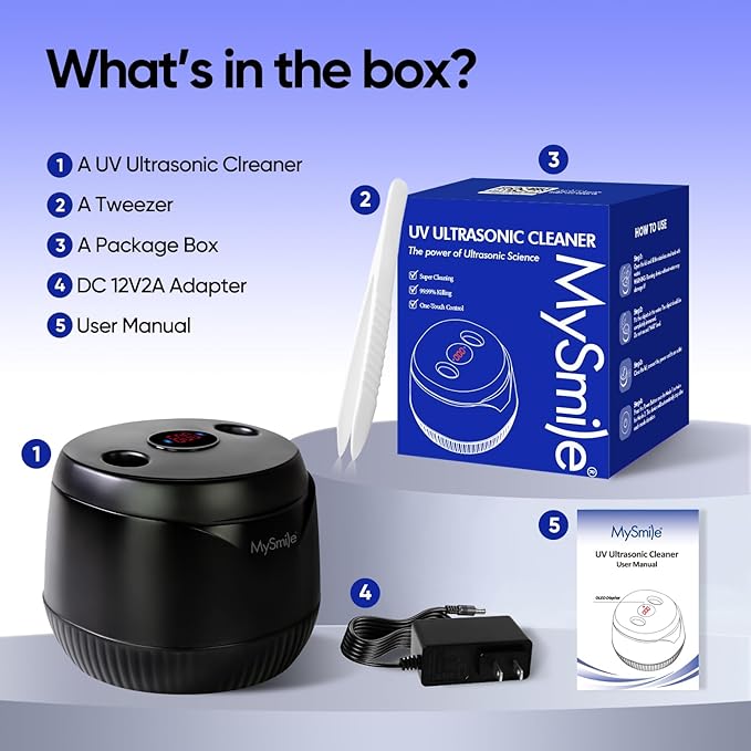 MySmile Ultrasonic Retainer Cleaner- 45kHz Denture Cleaner Machine with 200ML Capacity for Aligner, Mouth Guard, Braces, Portable Dental Cleaning Pod with 2 Mode Digital Timer for Home, Travel (BLACK)