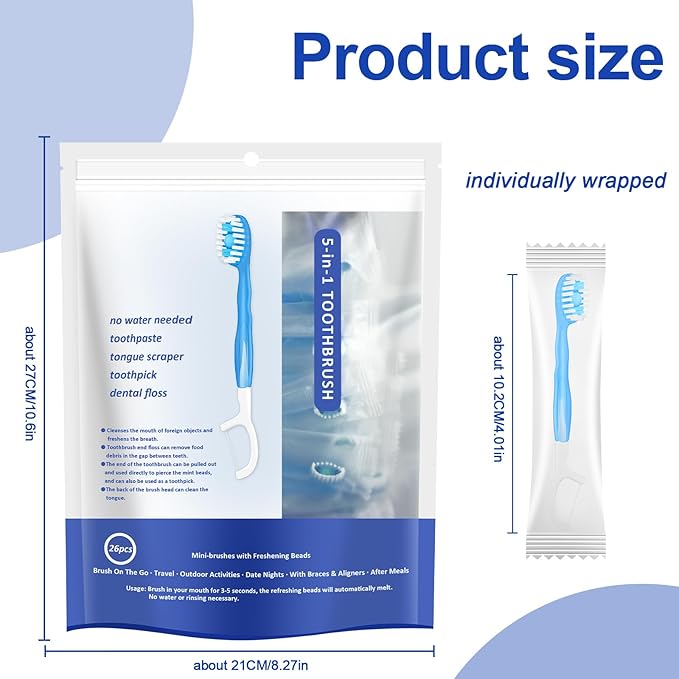 26 Pack Mini Disposable Toothbrushes with Toothpaste 5 in 1 Travel Toothbrush with Toothpaste + Tongue Scraper + Picks+Floss Travel Case Individually Wrapped Portable (Peppermint, 26)