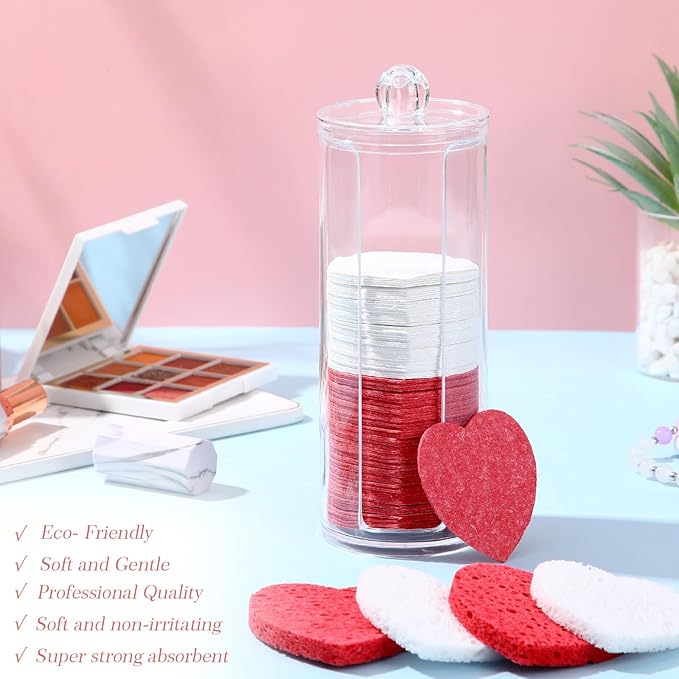 Sieral 120 Pcs Compressed Facial Sponges with Container Disposable Face Sponge Pads for Washing Face Cleansing Exfoliating Esthetician Makeup Removal (Heart,Red, White)