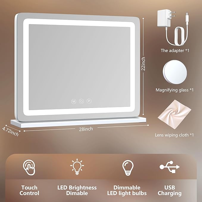 Makeup Vanity Mirror with USB Charging Port 28" x 22" Large LED Makeup Mirror, Desk Mirorr with Lights, Light up Mirror with 10X Magnification and, Dimmable 3 Modes, Touch Gold