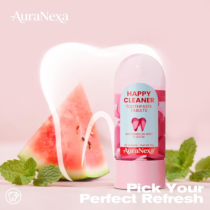Auranexa Whitening Toothpaste Tablets – Remineralizing Nano Hydroxyapatite Chewable Toothpaste with Xylitol & Probiotics, Gentle Fluoride-Free Clean, Fresh Watermelon Mint, 30 Tablets