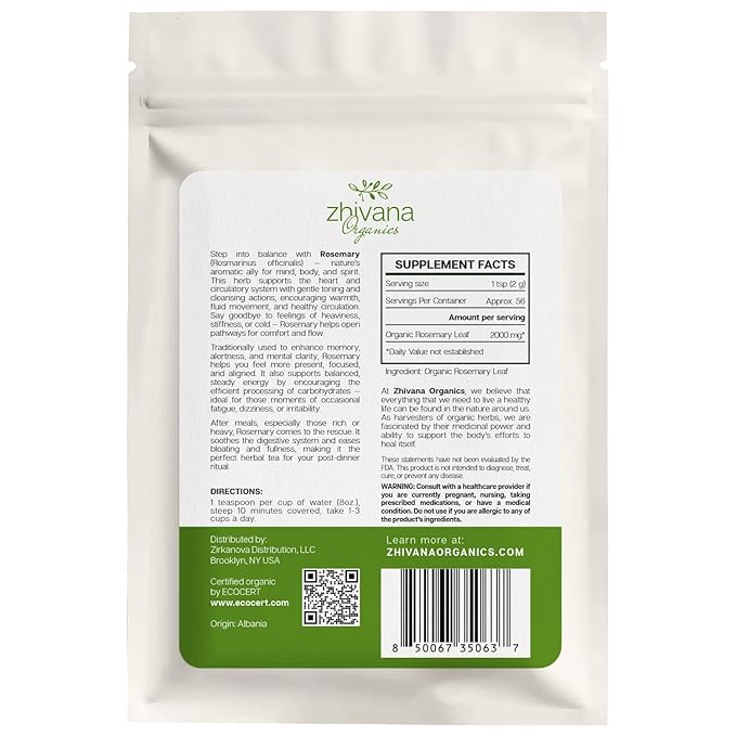 Organic Rosemary Leaf (4 oz.) (Rosmarinus officinalis) β Loose Dried Leaves β Edible Grade for Tea, Seasoning & Herbal Use