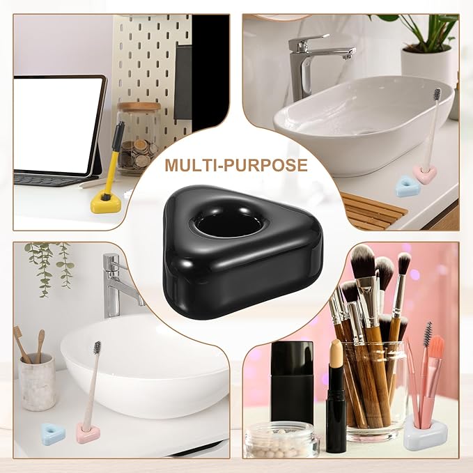 uxcell 2 Pcs Mini Ceramics Toothbrush Holder Stands, Sleek Mini Countertop Toothbrush Triangle Shape Ceramic Holder Stand for Bathroom Vanity Countertops, Black