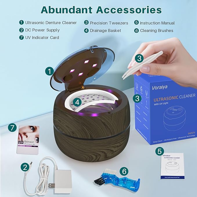 Voraiya Dental Ultrasonic Retainer Cleaner Machine, 45kHz Denture Cleaning Pod with 4 Modes Digital Timer for Aligner, Mouth Night Guard, Braces, Toothbrush, Jewelry, Ring