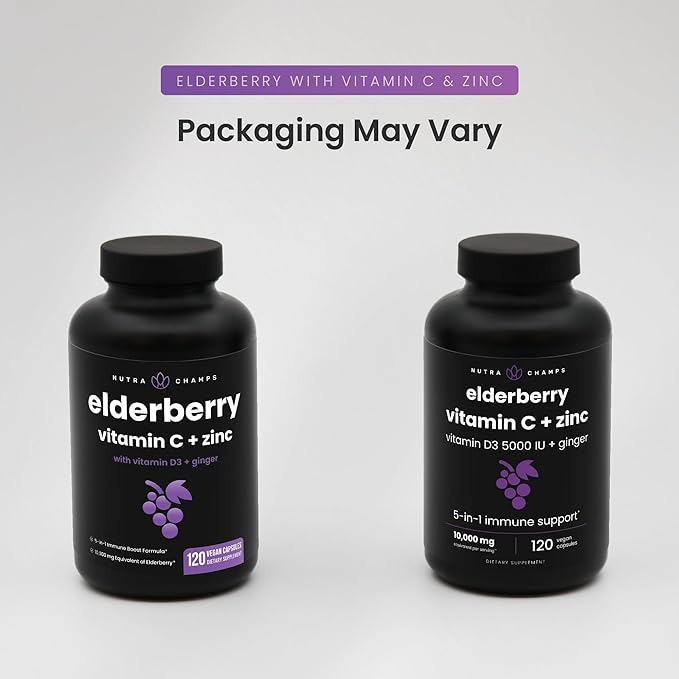 Elderberry with Vitamin C and Zinc - 5 in 1 - Immunity Support Supplement, 10,000mg Sambucus Black Elderberry Capsules with Vitamin D3 5000 IU, Sambucus Elderberry Extract - Immune Booster for Adults