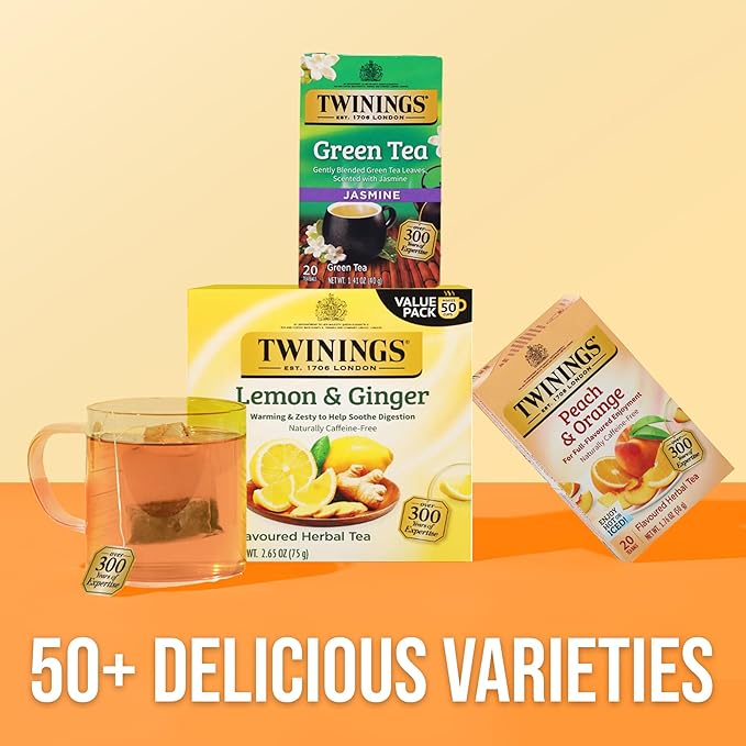 Twinings Peach & Orange Herbal Tea Individually Wrapped Bags, 20 Count (Pack of 2), Juicy & Fruity, Naturally Caffeine-Free, Enjoy Hot or Iced, 20 Teabags