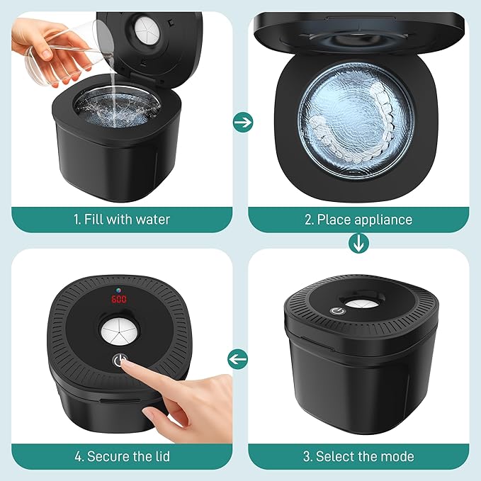 Ultrasonic Retainer Cleaner, Dental Cleaning Pod with U-V Lights, 45kHz Retainer Cleaner Machine for Dentures, Toothbrush Heads, Jewelry, Aligner, Night Mouth Guards (Black)