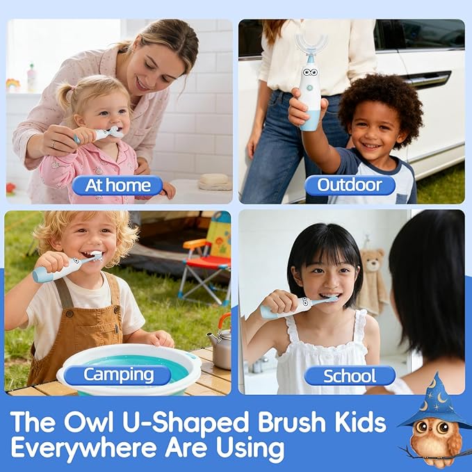 Kids Electric Toothbrush,360-Degree Sonic Vibration, IPX7 Waterproof,Toddler U Shaped Toothbrush with 2 Soft Brush Head,Cute Owl Design Baby Toothbrush for Ages 2–7(Blue)