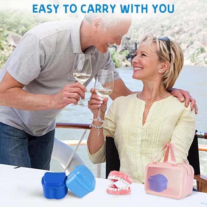 Blue Denture Bath Case Cup Box Holder Storage Soak Container with Strainer Basket for Travel Cleaning