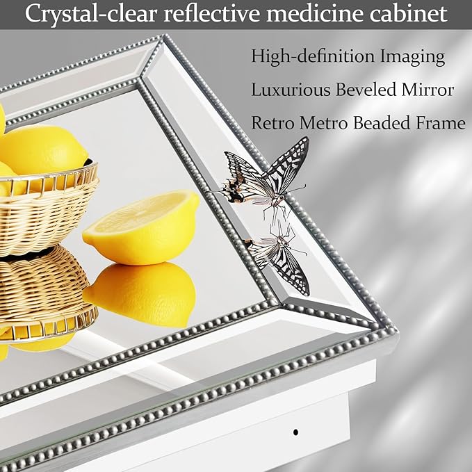 Bathroom Medicine Cabinet with Silver Metro Beaded Wooden Frame, 20x32 Inch Retro Bevel Mirror, Recessed or Surface Mount Bathroom Cabinet,Space-Saving Storage Cabinet