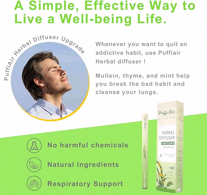 Herbal Diffuser Upgraded with Extracts of Mullein, Thyme and Mint for Cleansing Lungs, Improving Breathing and Oral Air Freshening - 3 Sticks, 1 Pack