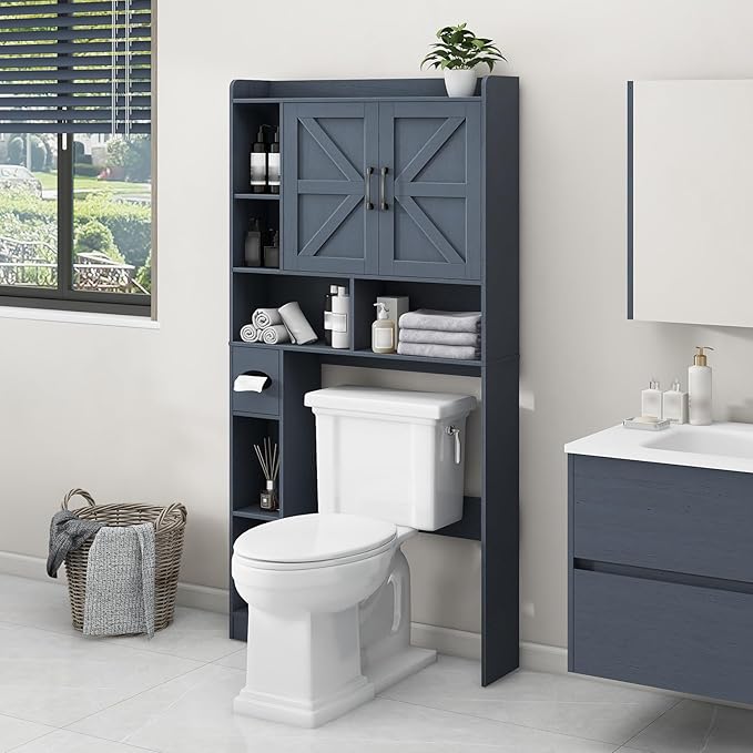 Vabches Over The Toilet Storage Cabinet, Farmhouse Storage Cabinet Over Toilet with 2 Barn Door & Toilet Paper Holder Stand,Home Space-Saving Toilet Rack, for Bathroom, Restroom, Laundry,Blue