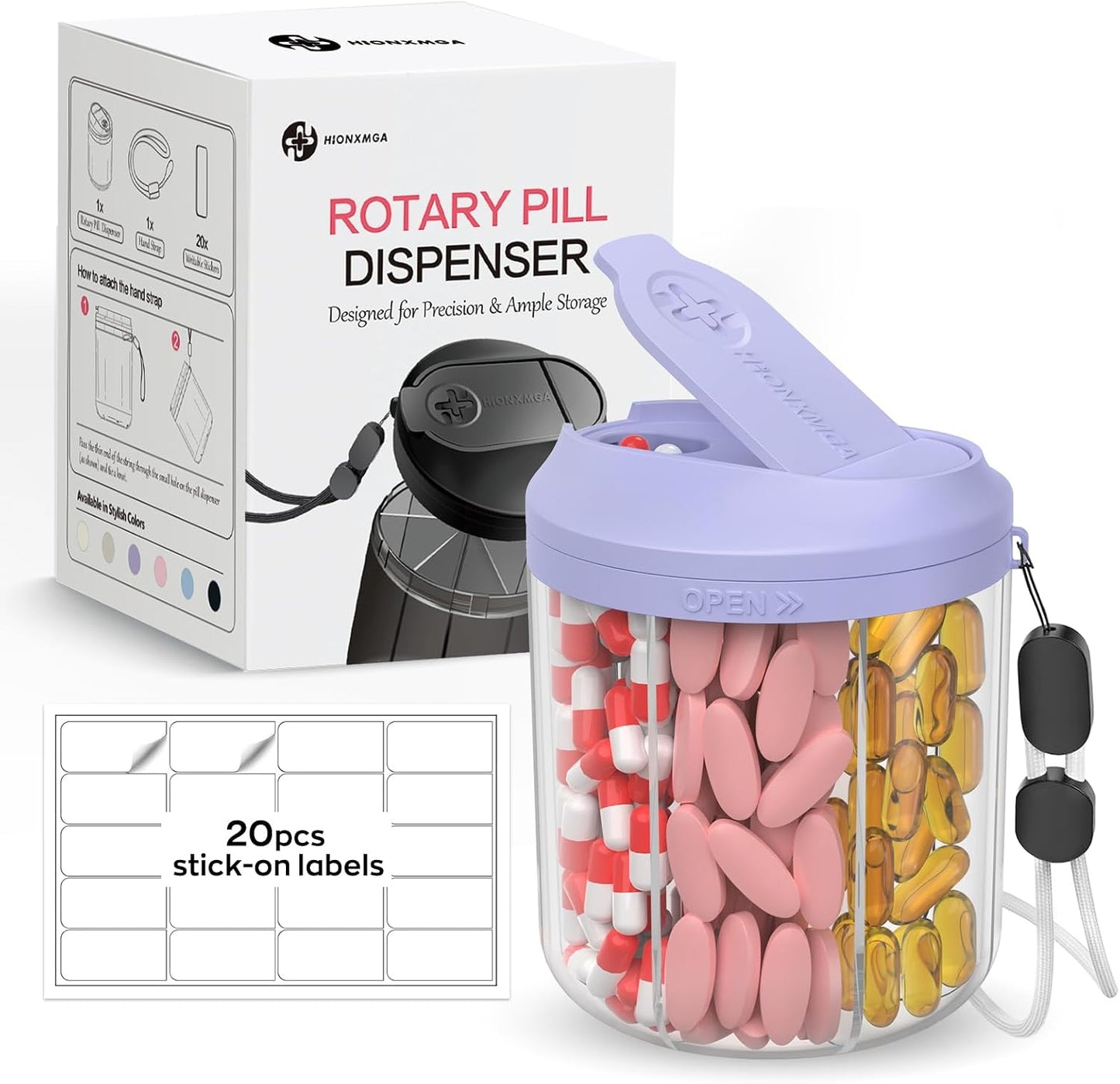 Pill Dispenser with 7 Large Compartments, 4.4" H x 3.6" Dia Pill Bottle Organizer for Travel, Supplement Organizer with Anti-Mixing Design, BPA-Free Pill Container with 20 Pcs Labels Purple