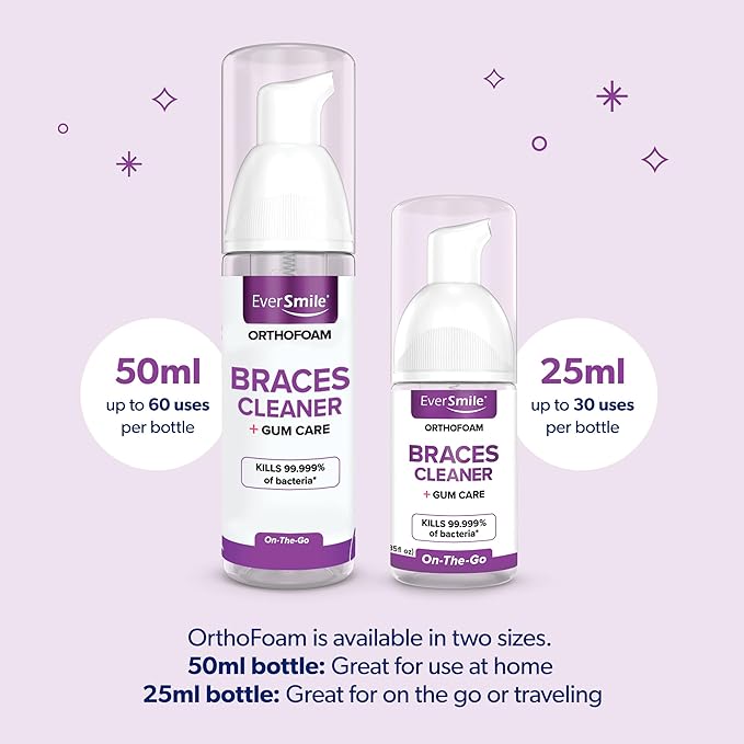 EverSmile OrthoFoam Braces Cleaner — Travel Size – Brushable Foam Whitens Teeth, Eliminates Bacteria, Fights Plaque and Bad Breath – Cleans Under Metal, Ceramic, Clear Brackets and Wires – 25ml(2 Pk)