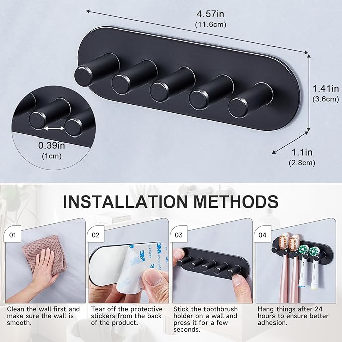 Electric Toothbrush Head Holder, Toothbrush Holders Wall Mounted, Adhesive Tooth Brush Head Holder Organiser, Electric Toothbrushs Holder, Shower Tooth Brushing Holder (Black, Large)