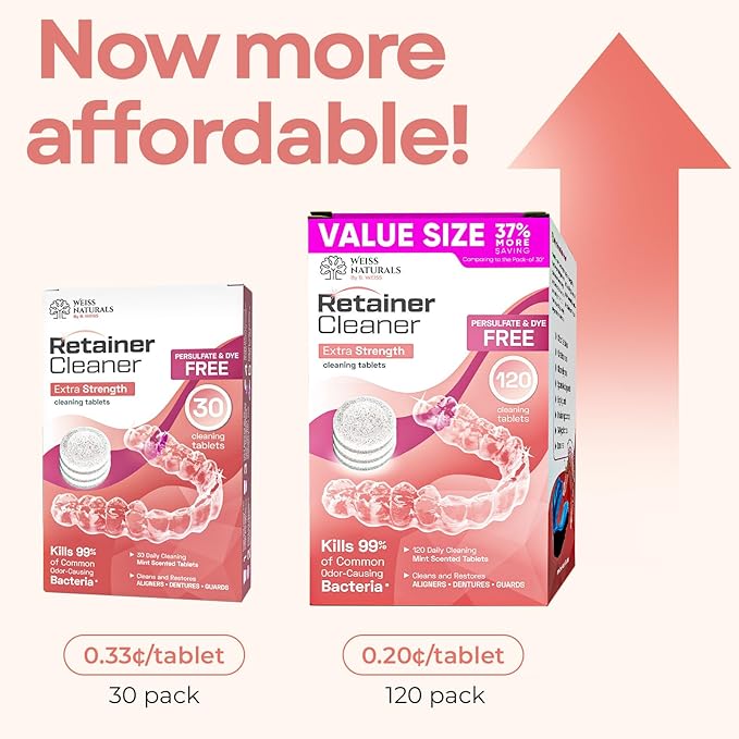 Weiss Naturals Retainer Cleaner Tablets, Invisalign Cleaner, Remove Stains, Odors & Plaque, FSA & HSA Eligible, Night Guard Cleaners PERSULFATE & DYE-FREE 4-Month Supply, Denture Cleaners 120 Tablets