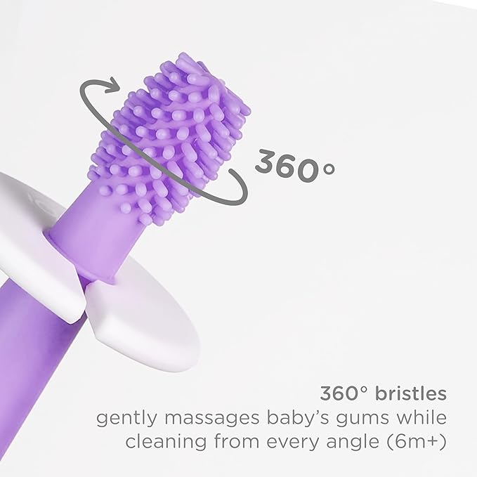 Ubbi 360° Baby Training Toothbrush with Safety Shield and Cover, Food-Grade Platinum Silicone, Gentle Cleaning for Infants, Smoothie Purple
