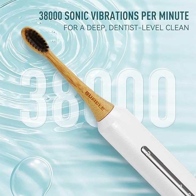 Bamboo Electric Toothbrush for Adults丨Rechargeable Electric Toothbrush with 3 Non Toxic Charcoal Infused Bamboo Brush Heads, 5 Cleaning Modes, 60 Days Battery Life, IPX7 Waterproof-White