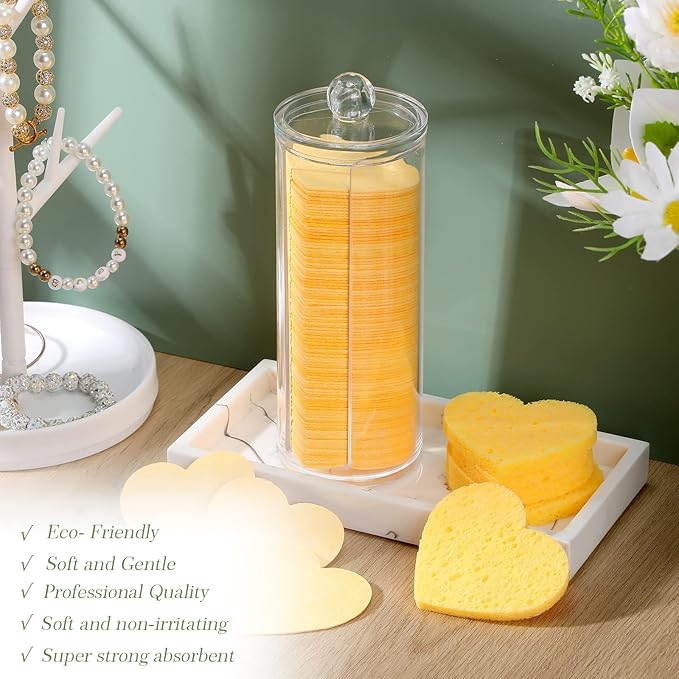 Sieral 120 Pcs Compressed Facial Sponges with Container Disposable Face Sponge Pads for Washing Face Cleansing Exfoliating Esthetician Makeup Removal(Heart,Yellow)