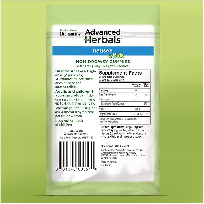 from The Makers of Dramamine, Advanced Herbals Kids Gummies, for Nausea Relief & Motion Sickness During Travel, Strawberry & Ginger Flavor, 20 Count