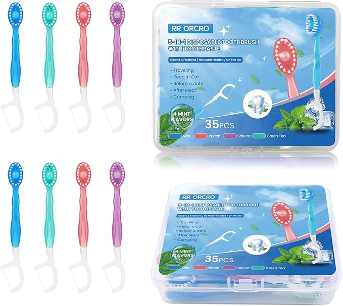 70Pack Mini Disposable Toothbrushes with Toothpaste Tongue Scraper Floss Pick 5-in-1 Single Use Portable Travel Toothbrush Individually Wrapped Box Small Prepasted Travel Toothbrush for Kids Adult 